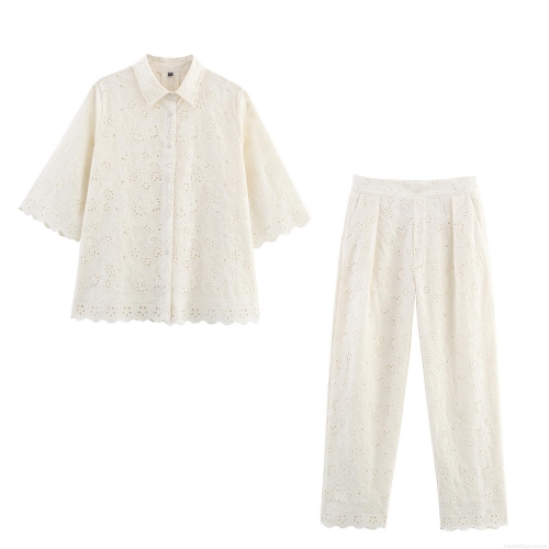 Women's Two Piece Set Embroidered Hollow Out Short Sleeve Shirt And High Waist Straight Leg Pants White Cotton Blend Lace Blouse Casual Streetwear Retro Outfit