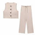 Women's Striped 2 Piece Outfits Sleeveless Button Down Crop Vest Top And High Waisted Wide Leg Pants With Woven Belt Streetwear Casual Summer Set