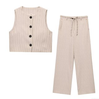 Women's Striped 2 Piece Outfits Sleeveless Button Down Crop Vest Top And High Waisted Wide Leg Pants With Woven Belt Streetwear Casual Summer Set