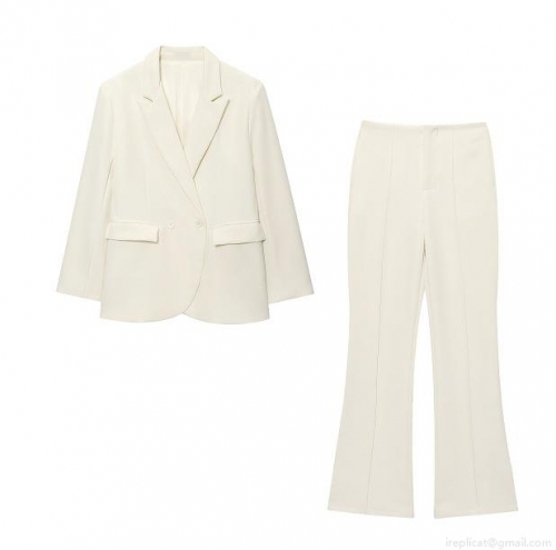 Women's Elegant 2 Piece Blazer Suits Set Double Breasted Office Lady Professional Jacket and Flare Leg Trousers Solid Color Polyester Commuter Outfits
