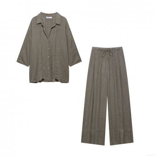 Women's 2-Piece Linen Texture Polyester Shirt and Wide Leg Pants Set Casual Long Sleeve Button Down Blouse and Drawstring Trousers Outfit for Spring Autumn Streetwear