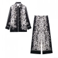 Women's Vintage Floral Print 3-Piece Set Casual Long Sleeve Button Down Shirt Wide Leg Pants And Maxi Skirt Black White Polyester Outfits For Vacation Streetwear