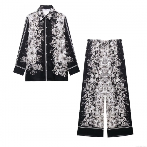 Women's Vintage Floral Print 3-Piece Set Casual Long Sleeve Button Down Shirt Wide Leg Pants And Maxi Skirt Black White Polyester Outfits For Vacation Streetwear