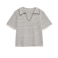 Women's Striped Knit Two-Piece Set Short Sleeve V-Neck Polo Top and Wide Leg Pants Casual Ribbed Texture Spring Summer Lounge Wear Outfit