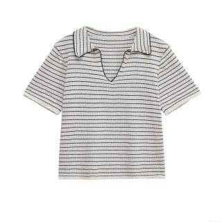 Women's Striped Knit Two-Piece Set Short Sleeve V-Neck Polo Top and Wide Leg Pants Casual Ribbed Texture Spring Summer Lounge Wear Outfit