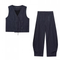 Women's Striped Linen Blend 2 Piece Set Sleeveless Side Button Vest Waistcoat And High Waisted Wide Leg Balloon Pants Streetwear Outfits