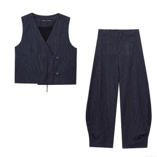 Women's Striped Linen Blend 2 Piece Set Sleeveless Side Button Vest Waistcoat And High Waisted Wide Leg Balloon Pants Streetwear Outfits