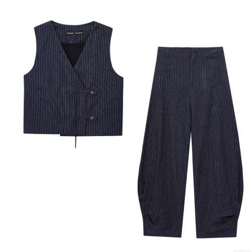 Women's Striped Linen Blend 2 Piece Set Sleeveless Side Button Vest Waistcoat And High Waisted Wide Leg Balloon Pants Streetwear Outfits