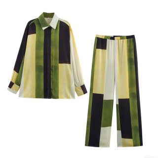 Women's Satin Geometric Color Block 2 Piece Outfits Long Sleeve Button Down Shirt And Wide Leg Long Pants Set Casual Streetwear Loose Loungewear Suit