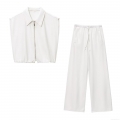 Women's Two Piece Set White Sleeveless Zip Up Lapel Vest And Drawstring Wide Leg Jogger Pants Contrast Stitching Casual Streetwear Outfit Twill Polyester Blend Clothes