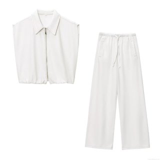 Women's Two Piece Set White Sleeveless Zip Up Lapel Vest And Drawstring Wide Leg Jogger Pants Contrast Stitching Casual Streetwear Outfit Twill Polyester Blend Clothes