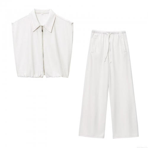 Women's Two Piece Set White Sleeveless Zip Up Lapel Vest And Drawstring Wide Leg Jogger Pants Contrast Stitching Casual Streetwear Outfit Twill Polyester Blend Clothes