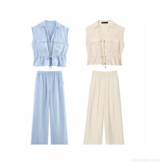 Women's 2 Piece Summer Outfits Sleeveless Zipper Vest Top and High Waisted Wide Leg Pants Set Sand-washed Twill Casual Loungewear Streetwear