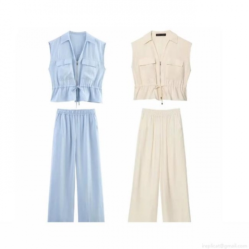 Women's 2 Piece Summer Outfits Sleeveless Zipper Vest Top and High Waisted Wide Leg Pants Set Sand-washed Twill Casual Loungewear Streetwear