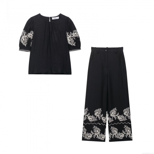 Women's Two Piece Pants Set Elegant Embroidery Short Sleeve Bubble Sleeve Round Neck Top And High Waist Wide Leg Long Pants Polyester Casual Streetwear Vacation Outfit For Ladies