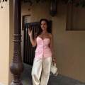 Women's Two Piece Outfits Solid Color Polyester Corset Style Sleeveless Crop Top and High Waist Wide Leg Long Pants Set Sexy Streetwear Party Suit