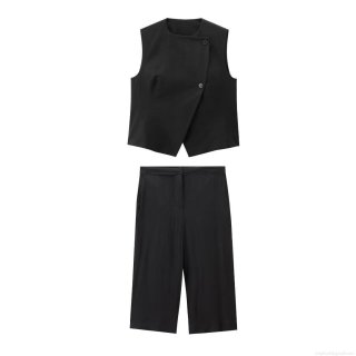 Women's 2-Piece Summer Set Solid Polyester Linen-Texture Sleeveless Asymmetric Button Vest And Wide Leg Shorts Casual Lounge Outfit For Women