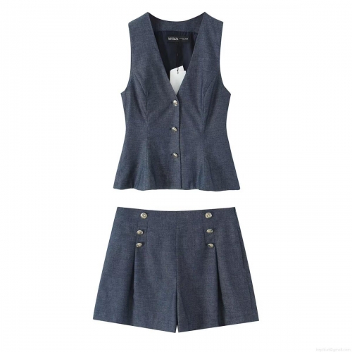 Women Casual Dark Blue 3 Piece Set Polyester Linen Texture V Neck Vest High Waist Wide Leg Long Pants And Shorts Suit Set For Office Street Daily Wear