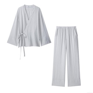 Women's 2 Piece Casual Set Kimono Style Wrap V Neck Tie Side Top And Wide Leg Straight Pants Solid Color Polyester Lounge Outfit