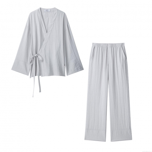 Women's 2 Piece Casual Set Kimono Style Wrap V Neck Tie Side Top And Wide Leg Straight Pants Solid Color Polyester Lounge Outfit