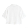 Women's Casual 2 Piece Outfits Short Sleeve Lapel Shirt and Wide Leg Pants Set Textured Polyester Lace Trim Summer Loungewear Set White