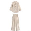 Women's Fashion Sequin Stripe Blazer Suit 2 Piece Set Polyester Double Breasted Lapel Jacket and Wide Leg Pants Casual Streetwear Office Set