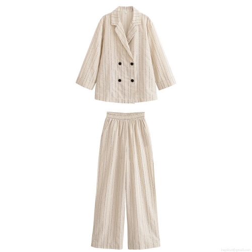 Women's Fashion Sequin Stripe Blazer Suit 2 Piece Set Polyester Double Breasted Lapel Jacket and Wide Leg Pants Casual Streetwear Office Set