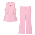 Women's 2 Piece Business Casual Set Sleeveless Peplum Vest Top And High Waist Flare Pants Set Gold Buttons Solid Pink Office Suit Outfit