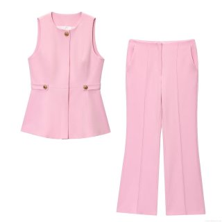 Women's 2 Piece Business Casual Set Sleeveless Peplum Vest Top And High Waist Flare Pants Set Gold Buttons Solid Pink Office Suit Outfit