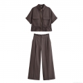 Women's Casual Two Piece Outfits 100% Polyester Short Sleeve Zipper Up Jacket Stand Collar High Waist Wide Leg Pants Set Solid Color Vintage Brown Streetwear Workwear Style for Women