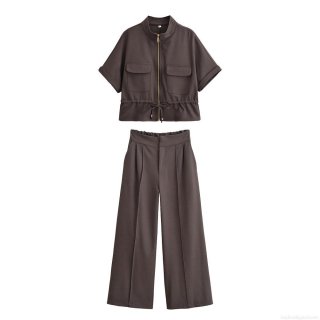 Women's Casual Two Piece Outfits 100% Polyester Short Sleeve Zipper Up Jacket Stand Collar High Waist Wide Leg Pants Set Solid Color Vintage Brown Streetwear Workwear Style for Women