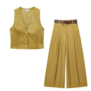 Women's 2 Piece Outfits V Neck Vest High Waist Wide Leg Pants Set Satin Texture Belt Golden Button Streetwear Mustard Gold Brown Elegant Summer Suit
