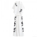 Women's Fashion White Two Piece Set Sequin Floral Embroidery V Neck Short Sleeve Shirt and Drawstring High Waist Wide Leg Pants Casual Summer Outfits