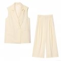 Women's Two Piece Set Double Breasted Sleeveless Slub Fabric Vest And High Waist Pleated Wide Leg Pants Elegant Office Lady Casual Suit Outfits