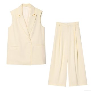 Women's Two Piece Set Double Breasted Sleeveless Slub Fabric Vest And High Waist Pleated Wide Leg Pants Elegant Office Lady Casual Suit Outfits
