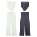 Women's Satin Two Piece Set Scarf Halter Crop Top And High Waist Wide Leg Pants Solid Color Polyester Streetwear Casual Summer Vacation Outfit