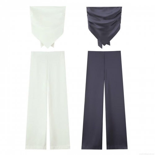 Women's Satin Two Piece Set Scarf Halter Crop Top And High Waist Wide Leg Pants Solid Color Polyester Streetwear Casual Summer Vacation Outfit