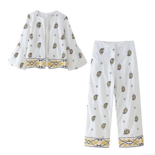 Women's Paisley Embroidery Two Piece Outfits Ethnic Style Flare Sleeve Cardigan Top And Wide Leg Pants Set White Boho Casual Streetwear