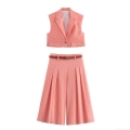 Women Coral Pink 2 Piece Set Sleeveless Lapel Vest Top And High Waist Cropped Wide Leg Pants Set With Crocodile Texture Belt Casual Summer Streetwear Outfit