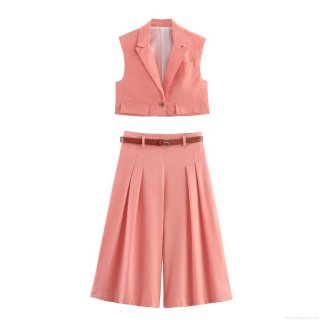 Women Coral Pink 2 Piece Set Sleeveless Lapel Vest Top And High Waist Cropped Wide Leg Pants Set With Crocodile Texture Belt Casual Summer Streetwear Outfit