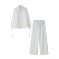 Women's 2 Piece Outfits Cotton Linen Blend Embroidered Long Sleeve Shirt And Wide Leg Pants Boho Tassel Drawstring Casual Vacation Outfits