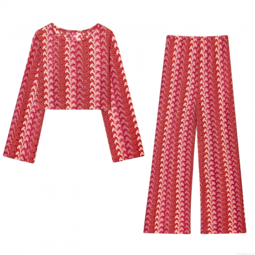 Women's Two Piece Knitting Set Zigzag Wave Stripe Crochet Long Sleeve Crop Top and High Waist Wide Leg Pants Boho Casual Sweatsuit For Women Beach Vacation