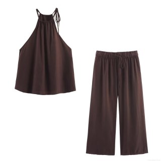 Women Two Piece Set Halter Neck Pleated Sleeveless Top And High Waist Wide Leg Long Pants Coffee Brown Casual Summer Vacation Outfit