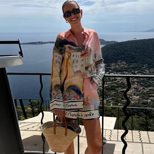 Women Satin Art Landscape Print 2-Piece Set Long Sleeve Lapel Shirt and Elastic Waist Shorts Casual Resort Wear Suit Pink Multi-Color
