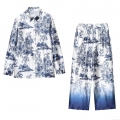 Women's Two Piece Pants Set Satin Texture Toile de Jouy Tropical Print Long Sleeve Button Down Shirt And Gradient Wide Leg Pants French Retro Summer Vacation Casual Outfit