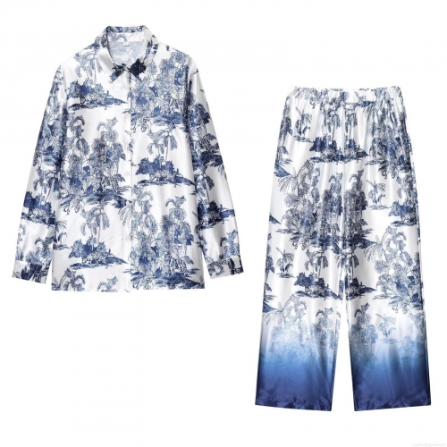 Women's Two Piece Pants Set Satin Texture Toile de Jouy Tropical Print Long Sleeve Button Down Shirt And Gradient Wide Leg Pants French Retro Summer Vacation Casual Outfit