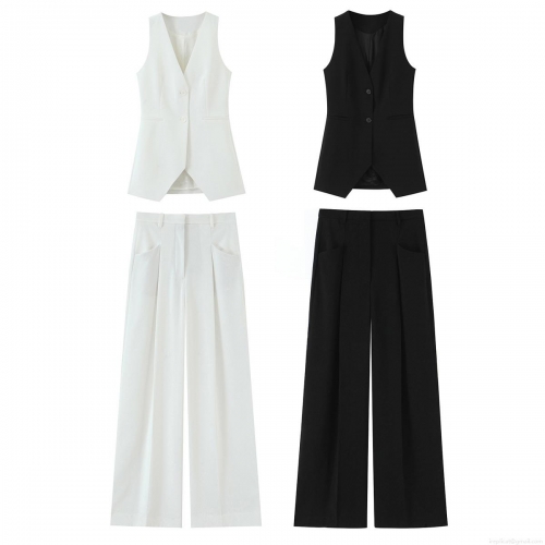 Women's Casual Vest And Wide Leg Pants Two Piece Set V Neck Single Breasted Sleeveless Waistcoat Solid Color High Waist Trousers Office Lady Suits
