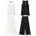 Women's 2 Piece Elegant Suit Set V Neck Waistcoat Vest And High Waist Wide Leg Trousers Office Lady Business Casual Outfits Polyester Woven Fabric