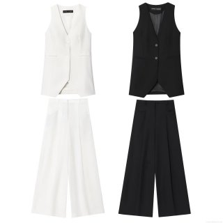 Women's 2 Piece Elegant Suit Set V Neck Waistcoat Vest And High Waist Wide Leg Trousers Office Lady Business Casual Outfits Polyester Woven Fabric