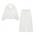 Women's 2 Piece Casual Set Solid White Lapel Zipper Jacket And High Waist Wide Leg Pleated Pants Modern Streetwear Outfit For Women